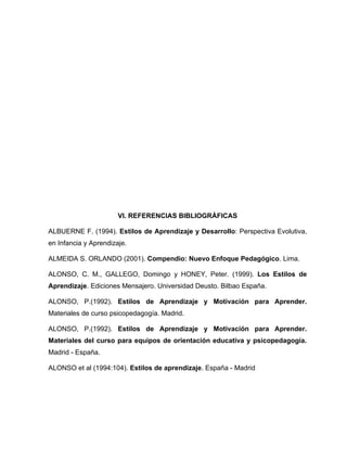 VI. REFERENCIAS BIBLIOGRÁFICAS

ALBUERNE F. (1994). Estilos de Aprendizaje y Desarrollo: Perspectiva Evolutiva,
en Infancia y Aprendizaje.

ALMEIDA S. ORLANDO (2001). Compendio: Nuevo Enfoque Pedagógico. Lima.

ALONSO, C. M., GALLEGO, Domingo y HONEY, Peter. (1999). Los Estilos de
Aprendizaje. Ediciones Mensajero. Universidad Deusto. Bilbao España.

ALONSO, P.(1992). Estilos de Aprendizaje y Motivación para Aprender.
Materiales de curso psicopedagogía. Madrid.

ALONSO, P.(1992). Estilos de Aprendizaje y Motivación para Aprender.
Materiales del curso para equipos de orientación educativa y psicopedagogía.
Madrid - España.

ALONSO et al (1994:104). Estilos de aprendizaje. España - Madrid
 
