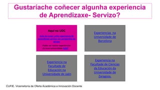 Gustaríache coñecer algunha experiencia
de Aprendizaxe- Servizo?
Aquí na UDC
Aula do corpo: unha experiencia de
aprendizaxe servizo con perspectiva de
xénero
Experiencias na
Universidade de
Barcelona
Experiencia na
Facultade de
Educación na
Universidade de Jaén
Experiencia na
Facultade de Ciencias
da Educación da
Universidade de
Zaragoza.
Podes ver outras experiencias
da nosa universidade AQUÍ
CUFIE. Vicerreitoría de Oferta Académica e Innovación Docente
 