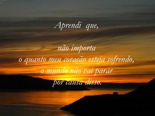 Aprendi  que,  não importa  o quanto meu coração esteja sofrendo,  o mundo não vai parar  por causa disso. 