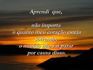 Aprendi  que,  não importa  o quanto meu coração esteja sofrendo,  o mundo não vai parar  por causa disso. 