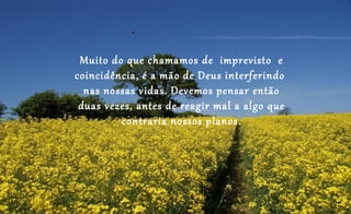 Muito do que chamamos de imprevisto e
coincidência, é a mão de Deus interferindo
  nas nossas vidas. Devemos pensar então
 duas vezes, antes de reagir mal a algo que
         contraria nossos planos.
 