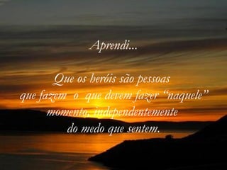 Aprendi...

       Que os heróis são pessoas
que fazem o que devem fazer “naquele”
      momento, independentemente
         do medo que sentem.
 