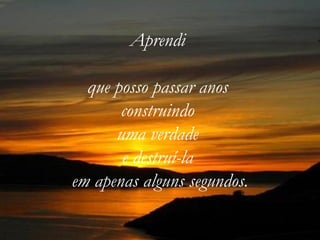 Aprendi  que posso passar anos  construindo  uma verdade  e destruí-la  em apenas alguns segundos. 