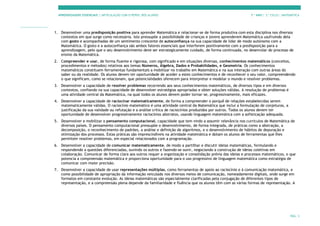 APRENDIZAGENS ESSENCIAIS | ARTICULAÇÃO COM O PERFIL DOS ALUNOS 7.º ANO | 3.º CICLO | MATEMÁTICA
PÁG. 3
1. Desenvolver uma predisposição positiva para aprender Matemática e relacionar-se de forma produtiva com esta disciplina nos diversos
contextos em que surge como necessária. Isto pressupõe a possibilidade de crianças e jovens aprenderem Matemática usufruindo dela
com gosto e acompanhadas de um sentimento crescente de autoconfiança na sua capacidade de lidar de modo autónomo com a
Matemática. O gosto e a autoconfiança são ambos fatores essenciais que interferem positivamente com a predisposição para a
aprendizagem, pelo que o seu desenvolvimento deve ser estrategicamente cuidado, de forma continuada, no desenrolar do processo de
ensino da Matemática.
2. Compreender e usar, de forma fluente e rigorosa, com significado e em situações diversas, conhecimentos matemáticos (conceitos,
procedimentos e métodos) relativos aos temas Números, Álgebra, Dados e Probabilidades, e Geometria. Os conhecimentos
matemáticos constituem ferramentas fundamentais a mobilizar no trabalho em Matemática e na sua interação com outras áreas do
saber ou da realidade. Os alunos devem ter oportunidade de aceder a estes conhecimentos e de reconhecer o seu valor, compreendendo
o que significam, como se relacionam, que potencialidades oferecem para interpretar e modelar o mundo e resolver problemas.
3. Desenvolver a capacidade de resolver problemas recorrendo aos seus conhecimentos matemáticos, de diversos tipos e em diversos
contextos, confiando na sua capacidade de desenvolver estratégias apropriadas e obter soluções válidas. A resolução de problemas é
uma atividade central da Matemática, na qual todos os alunos devem poder tornar-se, progressivamente, mais eficazes.
4. Desenvolver a capacidade de raciocinar matematicamente, de forma a compreender o porquê de relações estabelecidas serem
matematicamente válidas. O raciocínio matemático é uma atividade central da Matemática que inclui a formulação de conjeturas, a
justificação da sua validade ou refutação e a análise crítica de raciocínios produzidos por outros. Todos os alunos devem ter
oportunidade de desenvolver progressivamente raciocínios abstratos, usando linguagem matemática com a sofisticação adequada.
5. Desenvolver e mobilizar o pensamento computacional, capacidade que tem vindo a assumir relevância nos currículos de Matemática de
diversos países. O pensamento computacional pressupõe o desenvolvimento, de forma integrada, de práticas como a abstração, a
decomposição, o reconhecimento de padrões, a análise e definição de algoritmos, e o desenvolvimento de hábitos de depuração e
otimização dos processos. Estas práticas são imprescindíveis na atividade matemática e dotam os alunos de ferramentas que lhes
permitem resolver problemas, em especial relacionados com a programação.
6. Desenvolver a capacidade de comunicar matematicamente, de modo a partilhar e discutir ideias matemáticas, formulando e
respondendo a questões diferenciadas, ouvindo os outros e fazendo-se ouvir, negociando a construção de ideias coletivas em
colaboração. Comunicar de forma clara aos outros requer a organização e consolidação prévia das ideias e processos matemáticos, o que
potencia a compreensão matemática e proporciona oportunidade para o uso progressivo de linguagem matemática como estratégia de
comunicar com maior precisão.
7. Desenvolver a capacidade de usar representações múltiplas, como ferramentas de apoio ao raciocínio e à comunicação matemática, e
como possibilidade de apropriação da informação veiculada nos diversos meios de comunicação, nomeadamente digitais, onde surge em
formatos em constante evolução. As ideias matemáticas são especialmente clarificadas pela conjugação de diferentes tipos de
representação, e a compreensão plena depende da familiaridade e fluência que os alunos têm com as várias formas de representação. A
 