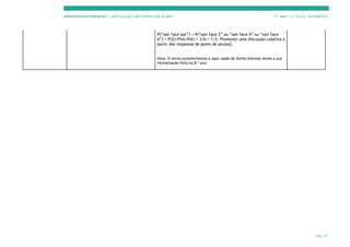 APRENDIZAGENS ESSENCIAIS | ARTICULAÇÃO COM O PERFIL DOS ALUNOS 7.º ANO | 3.º CICLO | MATEMÁTICA
PÁG. 37
P(“sair face par”) = P(“sair face 2” ou “sair face 4” ou “sair face
6”) = P(2)+P(4)+P(6) = 3/6 = 1/2. Promover uma discussão coletiva a
partir das respostas de pares de alunos].
Nota: O termo acontecimento é aqui usado de forma informal sendo a sua
formalização feita no 8.º ano.
 