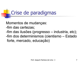Crise de paradigmas Momentos de mudanças: -fim das certezas; -fim das ilusões (progresso – industria, etc); -fim dos determinismos (cientismo – Estado forte, mercado, educação) 