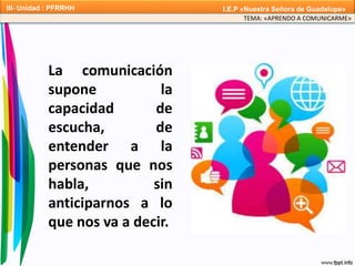 La comunicación
supone la
capacidad de
escucha, de
entender a la
personas que nos
habla, sin
anticiparnos a lo
que nos va a decir.
TEMA: «APRENDO A COMUNICARME»
III- Unidad : PFRRHH I.E.P «Nuestra Señora de Guadalupe»
 