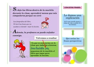 CON ESTAS FRASES:
•    Si dejo los libros dentro de la mochila
     durante la clase, aprenderé menos que mis
     compañeros porque no veré:                              Le damos una
                                                              explicación
1.   Las fotografías del libro.                               de lo que puede pasar o
                                                             cómo se van a sentir él o
2.   Ni leeré las frases que me                                      los demás.
     ayudan a entender mejor la lección.


•    Además, la profesora se puede enfadar
     conmigo.
                                   Volvemos a resaltar          Que serían las
                                                             frases perspectivas
                               Ya que es una norma en la
                              clase que todos los alumnos,
                              incluido yo,
                              saquemos de la mochila el
                              libro que toque para
                              aprender la lección.
 