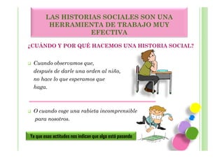 LAS HISTORIAS SOCIALES SON UNA
         HERRAMIENTA DE TRABAJO MUY
                   EFECTIVA

¿CUÁNDO Y POR QUÉ HACEMOS UNA HISTORIA SOCIAL?


 Cuando observamos que,
 después de darle una orden al niño,
 no hace lo que esperamos que
 haga.



 O cuando coge una rabieta incomprensible
 para nosotros.


Ya que esas actitudes nos indican que algo está pasando
 