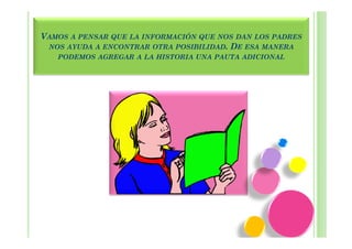 VAMOS A PENSAR QUE LA INFORMACIÓN QUE NOS DAN LOS PADRES
 NOS AYUDA A ENCONTRAR OTRA POSIBILIDAD. DE ESA MANERA
   PODEMOS AGREGAR A LA HISTORIA UNA PAUTA ADICIONAL
 
