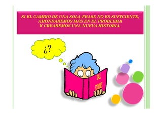 SI EL CAMBIO DE UNA SOLA FRASE NO ES SUFICIENTE,
        AHONDAREMOS MÁS EN EL PROBLEMA
        Y CREAREMOS UNA NUEVA HISTORIA.




        ¿?
 