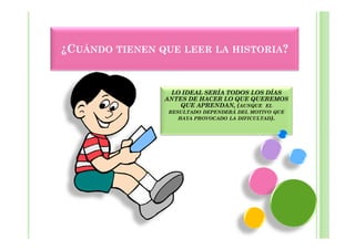 ¿CUÁNDO TIENEN QUE LEER LA HISTORIA?


                 LO IDEAL SERÍA TODOS LOS DÍAS
                ANTES DE HACER LO QUE QUEREMOS
                    QUE APRENDAN, (AUNQUE EL
                 RESULTADO DEPENDERÁ DEL MOTIVO QUE
                    HAYA PROVOCADO LA DIFICULTAD).
 