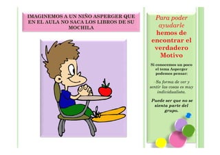 IMAGINEMOS A UN NIÑO ASPERGER QUE      Para poder
EN EL AULA NO SACA LOS LIBROS DE SU
             MOCHILA                    ayudarle
                                       hemos de
                                      encontrar el
                                       verdadero
                                        Motivo
                                      Si conocemos un poco
                                         el tema Asperger
                                         podemos pensar:

                                         Su forma de ver y
                                      sentir las cosas es muy
                                          individualista.

                                      Puede ser que no se
                                       sienta parte del
                                            grupo.
 