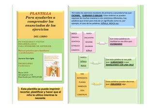 •En todos los ejercicios escolares de primaria y secundaria hay que:
         PLANTILLA                      ESCRIBIR, SUBRAYAR O DIBUJAR. Estas órdenes se pueden
       Para ayudarles a                 expresar de muchas maneras o con sinónimos diferentes, hay
                                        palabras que sirven para más de un significado como es, por
        comprender los                  ejemplo, el caso de las palabras, SEÑALA, INDICA etc:
       enunciados de los
          ejercicios
                                        INDICA                BUSCA
               DEL LIBRO                OBSERVA             ENCUENTRA
                                                                                   Con estas palabras en
PICTOGRAMAS Y PAUTAS                    IDENTIFICA           DESCRIBE              realidad se nos dice que:
DESARROLLADAS                                                                      ESCRIBAMOS
PARA SÍNDROME DE ASPERGER.              ESTABLECE           ENUMERA

Manual práctico para familiares         COMENTA              SEÑALA
y profesionales.

                                                     MARCA
Aurora Garrigós
                                                                              Con esta palabra se nos pide
                                                     SEÑALA                   que: SUBRAYEMOS o que
PROMOLIBRO
Coediciones                                          INDICA                   MARQUEMOS CON UNA CRUZ


Marzo 2010
324 páginas y Cd                                     HAZ
Distribuido por PSYLICOM
                                                 REPRESENTA

                                                  PLASMA                      Estas palabras pueden decirnos
                                                                              que: DIBUJEMOS algo .
                                                 SIMBOLIZA
  Esta plantilla se puede imprimir
                                                     CREA
 recortar, plastificar y hacer que el
      niño la utilice mientras la                CONSTRUYE
              necesite.
 