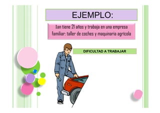 EJEMPLO:
  Ian tiene 21 años y trabaja en una empresa
familiar: taller de coches y maquinaria agrícola


                   DIFICULTAD A TRABAJAR
 