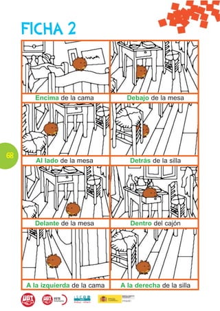 FICHA 2


       Encima de la cama           Debajo de la mesa




68
        Al lado de la mesa          Detrás de la silla




       Delante de la mesa           Dentro del cajón




     A la izquierda de la cama   A la derecha de la silla
 
