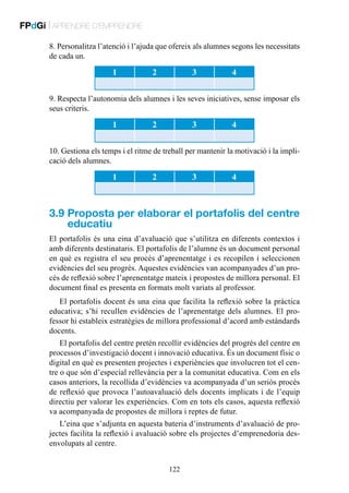 FPdGi | APRENDRE D’EMPRENDRE
8. Personalitza l’atenció i l’ajuda que ofereix als alumnes segons les necessitats
de cada un.

1

2

3

4

9. Respecta l’autonomia dels alumnes i les seves iniciatives, sense imposar els
seus criteris.

1

2

3

4

10. Gestiona els temps i el ritme de treball per mantenir la motivació i la implicació dels alumnes.

1

2

3

4

3.9  roposta per elaborar el portafolis del centre
P
educatiu
El portafolis és una eina d’avaluació que s’utilitza en diferents contextos i
amb diferents destinataris. El portafolis de l’alumne és un document personal
en què es registra el seu procés d’aprenentatge i es recopilen i seleccionen
evidències del seu progrés. Aquestes evidències van acompanyades d’un procés de reflexió sobre l’aprenentatge mateix i propostes de millora personal. El
document final es presenta en formats molt variats al professor.
El portafolis docent és una eina que facilita la reflexió sobre la pràctica
educativa; s’hi recullen evidències de l’aprenentatge dels alumnes. El professor hi estableix estratègies de millora professional d’acord amb estàndards
docents.
El portafolis del centre pretén recollir evidències del progrés del centre en
processos d’investigació docent i innovació educativa. És un document físic o
digital en què es presenten projectes i experiències que involucren tot el centre o que són d’especial rellevància per a la comunitat educativa. Com en els
casos anteriors, la recollida d’evidències va acompanyada d’un seriós procés
de reflexió que provoca l’autoavaluació dels docents implicats i de l’equip
directiu per valorar les experiències. Com en tots els casos, aquesta reflexió
va acompanyada de propostes de millora i reptes de futur.
L’eina que s’adjunta en aquesta bateria d’instruments d’avaluació de projectes facilita la reflexió i avaluació sobre els projectes d’emprenedoria desenvolupats al centre.
122

 