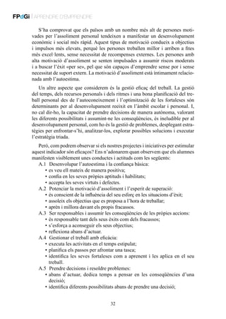 FPdGi | APRENDRE D’EMPRENDRE
S’ha comprovat que els països amb un nombre més alt de persones motivades per l’assoliment personal tendeixen a manifestar un desenvolupament
econòmic i social més ràpid. Aquest tipus de motivació condueix a objectius
i impulsos més elevats, perquè les persones treballen millor i arriben a fites
més excel·lents, sense necessitat de recompenses externes. Les persones amb
alta motivació d’assoliment se senten impulsades a assumir riscos moderats
i a buscar l’èxit «per se», pel que són capaços d’emprendre sense por i sense
necessitat de suport extern. La motivació d’assoliment està íntimament relacionada amb l’autoestima.
Un altre aspecte que considerem és la gestió eficaç del treball. La gestió
del temps, dels recursos personals i dels ritmes i una bona planificació del treball personal des de l’autoconeixement i l’optimització de les fortaleses són
determinants per al desenvolupament reeixit en l’àmbit escolar i personal. I,
no cal dir-ho, la capacitat de prendre decisions de manera autònoma, valorant
les diferents possibilitats i assumint-ne les conseqüències, és ineludible per al
desenvolupament personal, com ho és la gestió de problemes, desplegant estratègies per enfrontar-s’hi, analitzar-los, explorar possibles solucions i executar
l’estratègia triada.
Però, com podrem observar si els nostres projectes i iniciatives per estimular
aquest indicador són eficaços? Ens n’adonarem quan observem que els alumnes
manifesten visiblement unes conductes i actituds com les següents:
A.1	 Desenvolupar l’autoestima i la confiança bàsica:
	 •	es veu ell mateix de manera positiva;
	 •	confia en les seves pròpies aptituds i habilitats;
	 •	accepta les seves virtuts i defectes.
A.2	 Potenciar la motivació d’assoliment i l’esperit de superació:
	 •	és conscient de la influència del seu esforç en les situacions d’èxit;
	 •	assoleix els objectius que es proposa a l’hora de treballar;
	 •	aprèn i millora davant els propis fracassos.
A.3	 Ser responsables i assumir les conseqüències de les pròpies accions:
	 •	és responsable tant dels seus èxits com dels fracassos;
	 •	s’esforça a aconseguir els seus objectius;
	 •	reflexiona abans d’actuar.
A.4	 Gestionar el treball amb eficàcia:
	 •	executa les activitats en el temps estipulat;
	 •	planifica els passos per afrontar una tasca;
	 •	 dentifica les seves fortaleses com a aprenent i les aplica en el seu
i
treball.
A.5	 Prendre decisions i resoldre problemes:
	 •	 bans d’actuar, dedica temps a pensar en les conseqüències d’una
a
decisió;
	 •	 identifica diferents possibilitats abans de prendre una decisió;
32

 