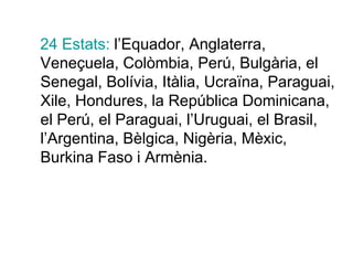 24 Estats: l’Equador, Anglaterra,
Veneçuela, Colòmbia, Perú, Bulgària, el
Senegal, Bolívia, Itàlia, Ucraïna, Paraguai,
Xile, Hondures, la República Dominicana,
el Perú, el Paraguai, l’Uruguai, el Brasil,
l’Argentina, Bèlgica, Nigèria, Mèxic,
Burkina Faso i Armènia.
 