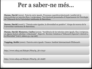 Per a saber-ne més...
Duran, David (2002). Tutoria entre iguals. Processos cognitivorelacionals i anàlisi de la
interactivitat en tutories fixes i recíproques. Tesi doctoral presentada al Departament de Psicologia
de l’Educació de la Universitat Autònoma de Barcelona.

Duran, David (coord.). “Tutoria entre iguales, la diversidad en positivo”. Grups de recerca de la
Universitat Autònoma de Barcelona.

Duran, David; Monereo, Carles (2003). “Incidència de les tutories entre iguals, fixa i recíproca,
en alguns factors afectius i relacionals”. Suports: Revista Catalana d’ Educació Especial i Atenció a
la Diversitat” (vol.7, núm.2, p. 114-126)


Topping, Keith (2000). Tutoria entre iguals. Unesco: Institut Internacional d’Educació.



http://www.edu3.cat/Edu3tv/Fitxa?p_id=17247



http://www.edu3.cat/Edu3tv/Fitxa?p_id=16987
 