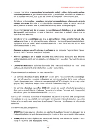 “APRENDRE JUNTS PER VIURE JUNTS”


                          propostes d’actualització, revisió i millora de l’exercici profes-
  sional del professorat, promovent i coordinant, quan escaigui, seminaris de reﬂexió so-
  bre la pràctica educativa, que ajudin els centres a avançar en l’educació inclusiva.

                    recollida i posada en comú de bones pràctiques relacionades amb la
  inclusió educativa. Propiciar la incorporació les mesures de millora al centre, identiﬁca-
  des a partir de la reﬂexió amb el professorat sobre aquestes bones pràctiques.

              incorporació de propostes metodològiques i didàctiques a les activitats
  de formació que tinguin en compte la diversitat i afavoreixin la inclusió a l’aula que es
  facin a la zona educativa.

                     sensibilització de tota la comunitat en relació amb la inclusió edu-
  cativa organitzant (o col·laborant) jornades a la zona i fomentant la participació i el pro-
  tagonisme actiu de joves i adults amb discapacitats, o amb risc d’exclusió social, a les
  activitats socials de la zona.

  Assessorar, donar suport i orientar el professorat per potenciar l’aprenentatge i la par-
  ticipació de tot l’alumnat en entorns ordinaris.

  Afavorir i participar en el treball en xarxa dels professionals de la zona dels diferents
  àmbits (educació, salut, serveis socials...) en el seguiment i suport de l’alumnat i les seves
  famílies.

  Orientar les famílies en aspectes relacionats amb l’educació dels seus ﬁlls i ﬁlles i en la
  participació dels infants a la vida familiar, escolar i comunitària.

Els serveis educatius poden ser de zona o especíﬁcs:

      serveis educatius de zona (SEZ) són serveis per a l’assessorament psicopedagò-
  gic i per al suport en recursos pedagògics als centres educatius de la zona. Inclouen
  l’equip d’assessorament i orientació psicopedagògica (EAP), el centre de recursos peda-
  gògics (CRP) i l’equip de llengua, interculturalitat i cohesió social (ELIC).

      serveis educatius especíﬁcs (SEE) són serveis de suport a l’activitat pedagògica
  dels centres amb l’objectiu d’adequar l’actuació educativa a l’alumnat amb discapacitat
  o trastorns greus del desenvolupament i la conducta.

Els SEE fan l’avaluació especíﬁca de necessitats educatives d’alumnat amb discapacitats
vinculades a la seva especialitat, ofereixen suport en recursos i materials didàctics especíﬁcs
i duen a terme accions de suport per al professorat i l’alumnat i famílies per a la intervenció
educativa.

Són serveis educatius especíﬁcs:

  CREDA (centre de recursos educatius per a deﬁcients auditius). Són serveis de suport per a
  l’educació de l’alumnat amb discapacitat auditiva i trastorns de la comunicació i el llenguatge.

  SEEM (servei educatiu especíﬁc en discapacitat motora). Són serveis de suport a l’edu-
  cació de l’alumnat amb discapacitat motriu.


                                               29
 