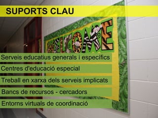 SUPORTS CLAU
Centres d'educació especial
Treball en xarxa dels serveis implicats
Bancs de recursos - cercadors
Entorns virtuals de coordinació
Serveis educatius generals i específics
 