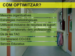 COM OPTIMITZAR?

Mesures organitzatives
Estratègies metodològiques
Utilització inclusiva de recursos de suport
Treball col·laboratiu dels professionals
Ús de les TAC
Col·laboració CO-CEE
Serveis Educatius
 