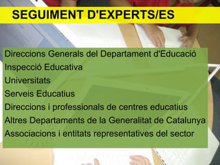SEGUIMENT D'EXPERTS/ES


Direccions Generals del Departament d'Educació
Inspecció Educativa
Universitats
Serveis Educatius
Direccions i professionals de centres educatius
Altres Departaments de la Generalitat de Catalunya
Associacions i entitats representatives del sector
 