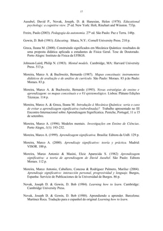 17


Ausubel, David P., Novak, Joseph, D. & Hanesian, Helen (1978). Educational
  psychology: a cognitive view. 2a ed. New...