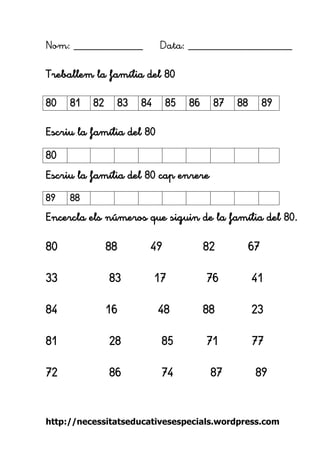 http://necessitatseducativesespecials.wordpress.com 
Nom: ____________ Data: __________________ 
Treballem la família del 80 
Escriu la família del 80 
Escriu la família del 80 cap enrere 
Encercla els números que siguin de la família del 80. 
80 88 49 82 67 
33 83 17 76 41 
84 16 48 88 23 
81 28 85 71 77 
72 86 74 87 89 
80 
81 
82 
83 
84 
85 
86 
87 
88 
89 
80 
89 
88 
 