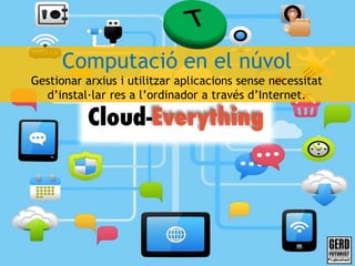 Computació en el núvol
Gestionar arxius i utilitzar aplicacions sense necessitat
d’instal·lar res a l’ordinador a través d...