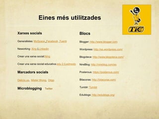 Eines més utilitzades

Xarxes socials                                    Blocs
Generalistes: MySpace ,Facebook ,Tuenti           Blogger: http://www.blogger.com

Neworking: Xing |,Linkedin                        Wordpress: http://es.wordpress.com/

Crear una xarxa social:Ning                       Blogoteca: http://www.blogoteca.com/

Crear una xarxa social educativa:edu 2.0,edmodo   NireBlog: http://nireblog.com/es

Marcadors socials                                 Posterous: https://posterous.com/


Delicio.us, Mister Wong, Diigo                    Bitacoras: http://bitacoras.com/

                                                  Tumblr: Tumblr
Microblogging         Twitter

                                                  Edublogs: http://edublogs.org/
 