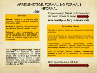 APRENENTATGE, FORMAL, NO FORMAL I
                        INFORMAL
                                            L‟aprenentatge formal es troba avui en
               Educació                     dia en un procés de canvi
Formal: basada en el sistema reglat
d'estudis; institucionalment obligatòria    Aprenentatge al llarg de tota la vida
fins a certa edat.
No formal: opcional, complementària,                           Aprenentatge informal
extraescolar, estructurada en cursos.
                                            Es dóna a partir de l'acció que exerceixen les influències
Informal:     no    organitzada,      no    ambientals.
intencional, pròpia de la socialització i
de la informació que ens arriba a           Amb els ordinadors, les xarxes socials, la connectivitat, la
través de diversos mitjans de la vida       col·laboració i compartició implícites, multipliquen les seves
quotidiana                                  possibilitats.

                                            Aprenentatge     Col·laboratiu,  Aprenentatge     Invisible,
                                            Connectivitat, Sharisme i Edupunk, formen part d'aquest
                                            aprenentatge informal que aporta les noves tecnologies
Per a integrar l'aprenentatge formal i
l'informal és necessari fer servir          Avui en dia s'està plantejant certificar l’aprenentatge
metodologies participatives, de treball     informal a partir de la demostració de competències
grupal, amb exercicis que fomentin la       adquirides
col·laboració, on es tendeixi a crear
contextos reals, amb un aprenentatge
negociat que fomenti les competències,      Com aprendrem en el futur?
amb l'ús de les TIC.
 
