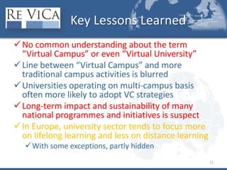 Key Lessons LearnedNo common understanding about the term “Virtual Campus” or even “Virtual University”