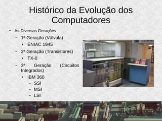 Histórico da Evolução dos
Computadores
● As Diversas Gerações
– 1ª Geração (Válvula)
● ENIAC 1945
– 2ª Geração (Transistores)
● TX-0
– 3ª Geração (Circuitos
Integrados)
● IBM 360
– SSI
– MSI
– LSI
 