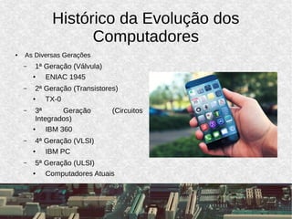 Histórico da Evolução dos
Computadores
● As Diversas Gerações
– 1ª Geração (Válvula)
●
ENIAC 1945
– 2ª Geração (Transistores)
●
TX-0
– 3ª Geração (Circuitos
Integrados)
● IBM 360
– 4ª Geração (VLSI)
●
IBM PC
– 5ª Geração (ULSI)
●
Computadores Atuais
 