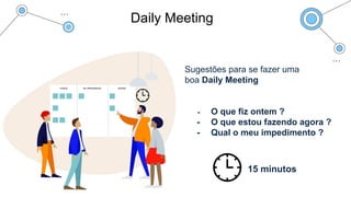 Daily Meeting
Sugestões para se fazer uma
boa Daily Meeting
- O que fiz ontem ?
- O que estou fazendo agora ?
- Qual o meu impedimento ?
15 minutos
 
