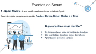 Eventos do Scrum
1 - Sprint Review : é uma reunião aonde acontece a revisão da Sprint..
Quem deve estar presente nesta reunião: Product Owner, Scrum Master e o Time
O que acontece nessa reunião ?
● Os itens concluídos e não concluídos são discutidos
● São levantados e discutidos pontos de melhoria
● Aprendizados e desafios vencidos
 
