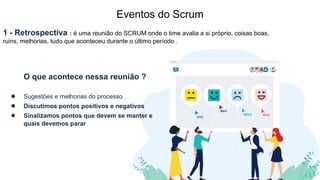 Eventos do Scrum
1 - Retrospectiva : é uma reunião do SCRUM onde o time avalia a si próprio, coisas boas,
ruins, melhorias, tudo que aconteceu durante o último período .
O que acontece nessa reunião ?
● Sugestões e melhorias do processo
● Discutimos pontos positivos e negativos
● Sinalizamos pontos que devem se manter e
quais devemos parar
 