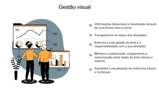 Gestão visual
Informações disponíveis e atualizadas através
de uma forma clara e visual
Transparência no status das atividades
Estimula a auto gestão do time e a
responsabilidade com a sua atividade
Melhora a colaboração, engajamento e
comunicação entre todos do time interno e
externo.
Possibilita a visualização de melhorias futuras
e contínuas.
 