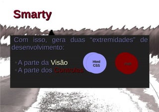 Smarty

 Com isso, gera duas “extremidades” de
desenvolvimento:
                          Html
● A parte da Visão          Html
                          CSS
                            CSS
                                   PHP
                                    PHP
● A parte dos Controles
 