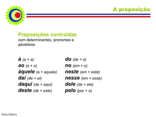 Preposições contraídas com determinantes, pronomes e advérbios à  (a + a) do   (de + o) ao   (a + o) no  (em + o) àquele   (a + aquele) neste   (em + este) daí  (de + aí) nesse   (em + esse) daqui   (de + aqui) dele  (de + ele) deste   (de + este) pelo   (por + o) A preposição Porto Editora 