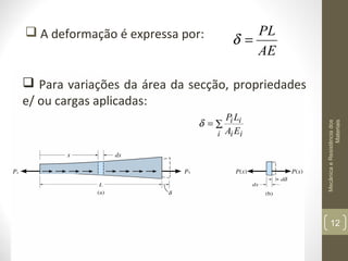  A deformação é expressa por:

PL
δ=
AE

PL
δ =∑ i i
i Ai Ei

Mecânica e Resistência dos
Materiais

 Para variações da área da secção, propriedades
e/ ou cargas aplicadas:

12

 