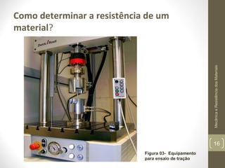 Mecânica e Resistência dos Materiais

Como determinar a resistência de um
material?

16
Figura 03- Equipamento
para ensaio de tração

 