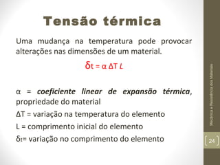 Tensão térmica
δt = α ∆T L
α = coeficiente linear de expansão térmica,
propriedade do material
∆T = variação na temperatura do elemento
L = comprimento inicial do elemento
δt= variação no comprimento do elemento

Mecânica e Resistência dos Materiais

Uma mudança na temperatura pode provocar
alterações nas dimensões de um material.

24

 