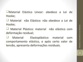 Mecânica e Resistência dos Materiais

Material Elástico Linear: obedece a Lei de
Hooke;
 Material não Elástico: não obedece a Lei de
Hooke;
 Material Plástico: material não elástico com
deformação residual;
 Material
Elastoplástico: material com
comportamento elástico, e após certo valor de
tensão, apresenta deformações residuais.

8

 