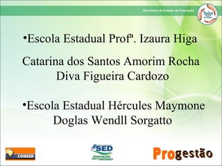 Catarina dos Santos Amorim Rocha
Diva Figueira Cardozo
•Escola Estadual Hércules Maymone
Doglas Wendll Sorgatto
•Escola Estadual Profª. Izaura Higa
 