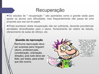 Recuperação
Os estudos de " recuperação " são apontados como a grande saída para
ajudar os alunos com dificuldade, mas frequentemente não passa de uma
proposta que nao sai do papel.
Pode acontecer desta recuperação não ser suficiente, devendo providenciar
atividades diversificadas para o aluno, fornecimento de roteiro de estudo,
oferecimento de aulas de reforço, etc.
Nenhuma reprovação deve
ser surpresa para ninguem
(aluno, professor,pais,
coordenação, orientação,
direção), pois tudo deve ser
feito, por todos, para evitar
que isto ocorra.
Questão da reprovação
 