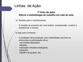 Linhas de Ação
1º linha de ação:
Alterar a metodologia de trabalho em sala de aula:
a) Sentido para o conhecimento:
- O sentido se encontra em uma tríplice: compreender, usufruir e
transformar o mundo.
b) Agir para conhecer:
- O professor deve propiciar uma metodologia que leve os
educandos a participação ativa:
- nas problematizações;
- debates;
- exposição interativa-dialogada;
- pesquisa;
- trabalho de grupos, etc.
 