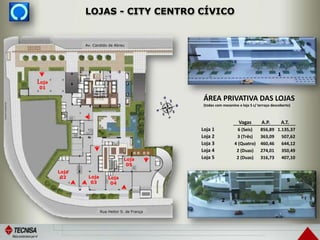 ÁREA PRIVATIVA DAS LOJAS
(todas com mezanino e loja 5 c/ terraço descoberto)
LOJAS - CITY CENTRO CÍVICO
1
2 3 4
5
Loja
01
Av. Candido de Abreu
Loja
02 Loja
03
Loja
04
Loja
05
Rua Heitor S. de França
Vagas A.P. A.T.
Loja 1 6 (Seis) 856,89 1.135,37
Loja 2 3 (Três) 363,09 507,62
Loja 3 4 (Quatro) 460,46 644,12
Loja 4 2 (Duas) 274,01 350,49
Loja 5 2 (Duas) 316,73 407,10
 
